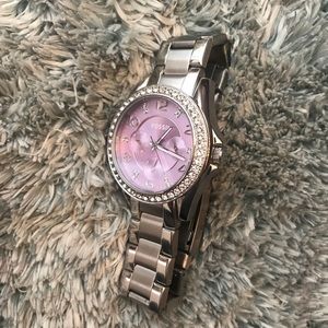 silver Fossil watch with purple face NEW!